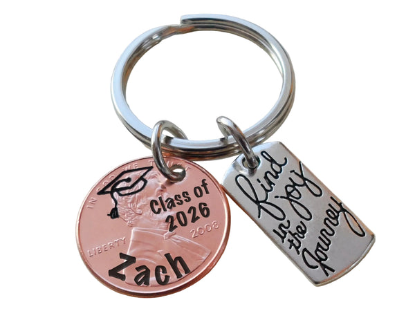 Custom Engraved Graduation Penny Keychain with Engraved "Class of 2026" and Personalized Name, & Find Joy in the Journey Charm, Graduate Keychain