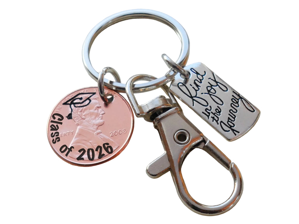 "Class Of 2026" Engraved Penny Keychain with Engraved Graduate Cap, with Find Joy in the Journey Charm and Clasp