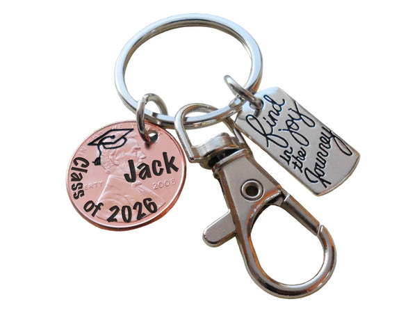 "Class Of 2026" Engraved Penny Keychain with Personalized Name, Engraved Graduate Cap, & with Find Joy in the Journey Charm and Clasp
