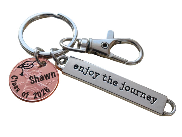 Custom Engraved "Class of 2026" Penny Keychain with Engraved Graduate Cap & Name, and with Enjoy the Journey Charm and Clasp