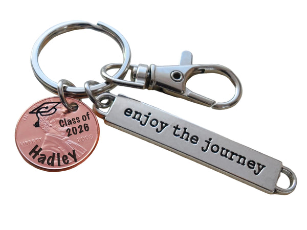 Custom Engraved "Class of 2026" Penny Keychain with Engraved Graduate Cap & Personalized Name, with Enjoy the Journey Charm and Clasp