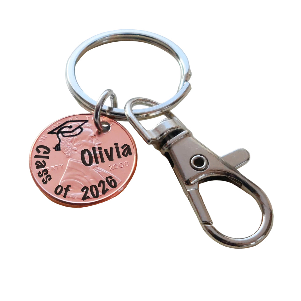 Custom "Class of 2026" & Cap Engraved Penny Keychain with Clasp, Personalized Option by Jewelry Everyday