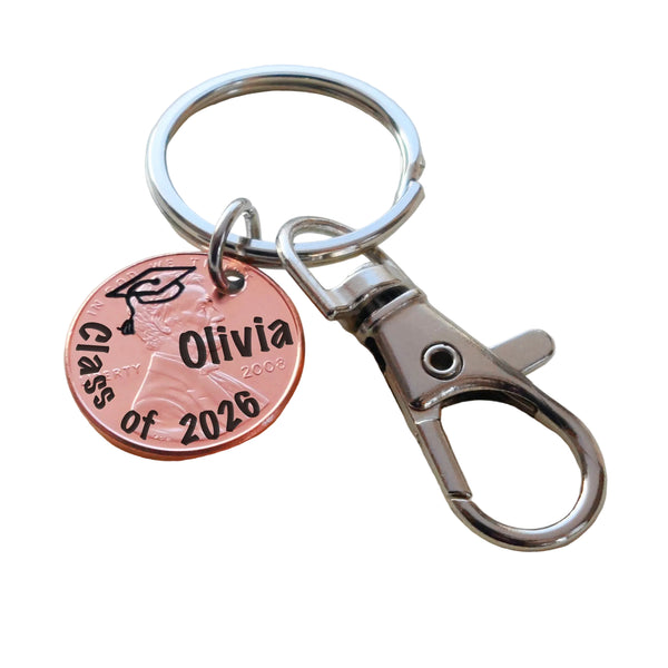 Custom "Class of 2026" & Cap Engraved Penny Keychain with Clasp, Personalized Option by Jewelry Everyday