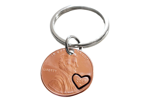 2019 US One Cent Penny Keychain with Heart Around Year; 6 Year Anniversary Gift, Couples Keychain