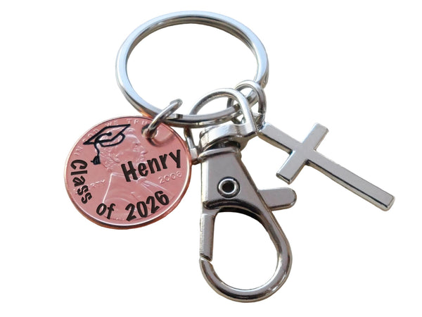 "Class of 2026" Engraved Graduation Penny Keychain with Custom Name and Engraved Graduate Cap with Cross Charm & Clasp