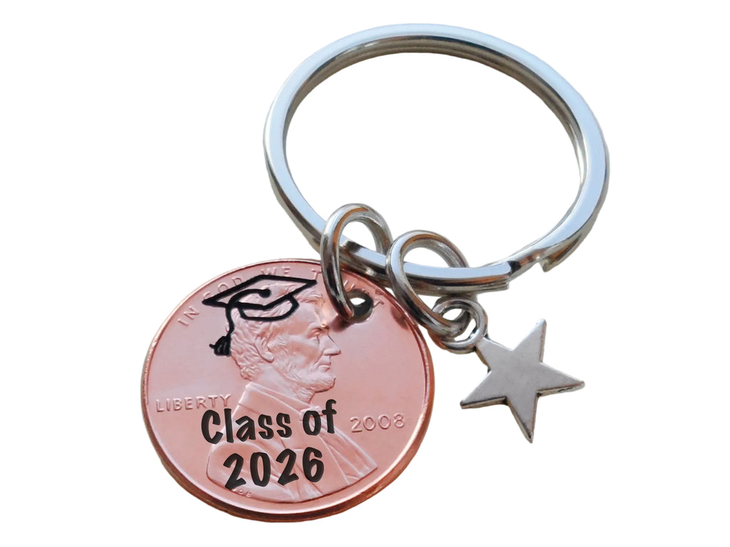 "Class Of 2026" & Graduation Cap  Engraved Penny Keychain with Star Charm by Jewelry Everyday