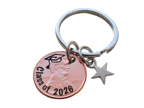 Custom Engraved "Class of 2026" Penny Keychain with Star Charm, Graduation Keychain by Jewelry Everyday