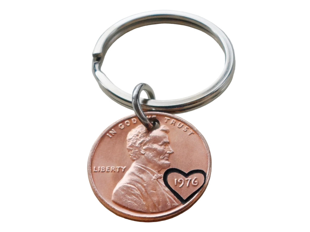 1976 Penny Keychain with Engraved Heart Around Year by Jewelry Everyday