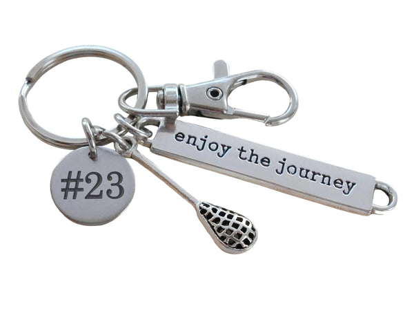 Custom Lacrosse Stick Charm Keychain with Enjoy the Journey Charm, Swivel Clasp & Engraved Disc Tag, Graduate Keychain, Player or Coach Key Chain