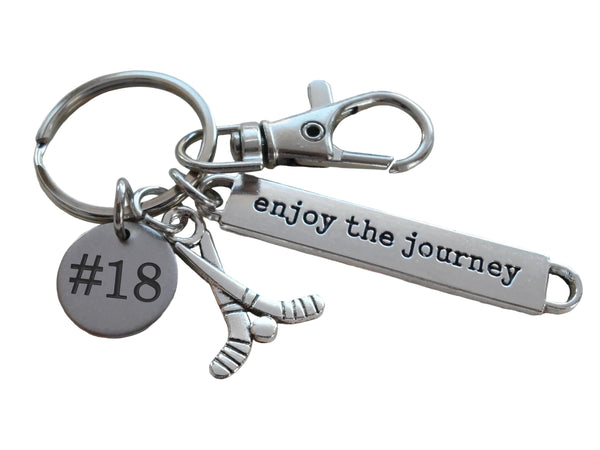 Hockey Sticks Charm Keychain with Custom Engraved Disc, Enjoy the Journey Charm & Clasp, Coach, Graduate or Hockey Player Key Chain