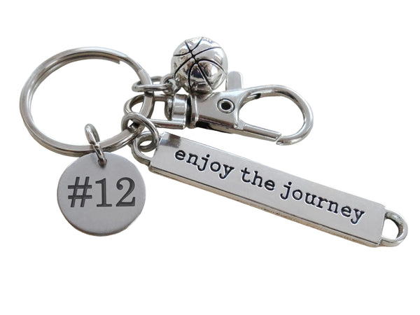 Basketball Charm Keychain with Custom Engraved Steel Disc, Enjoy the Journey Charm & Clasp, For Graduate, School Team Player or Coach Gift