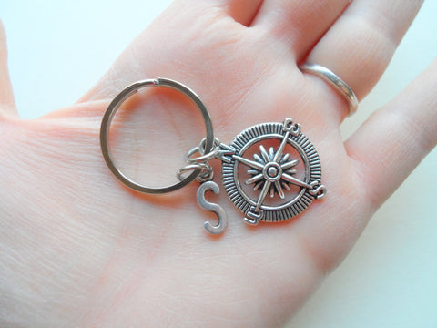 Personalized Double Metal Compass Charm Keychains With Initials Charms - I'd Be Lost Without You; Couples or Best Friends Keychain Set by Jewelry Everyday