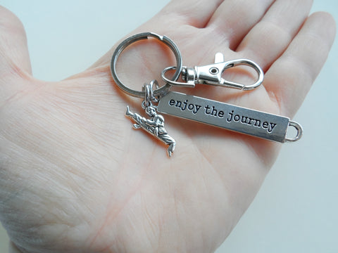 Martial Arts Keychain with Enjoy the Journey Charm, Kicking Student & Clasp; Personalized Charm Options, Taekwondo, Karate or Coach Key Chain