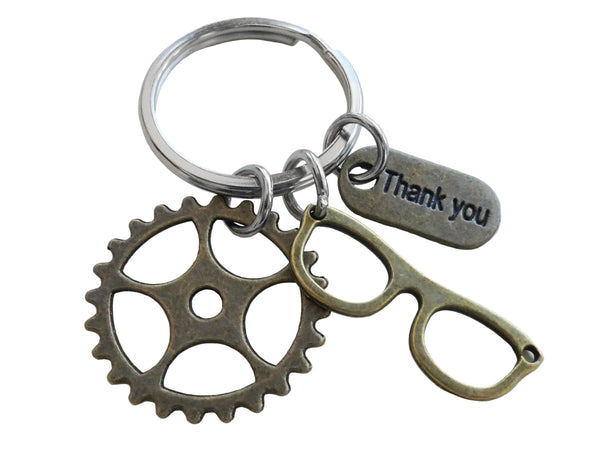 Bronze Eye Glasses Charm, Gear Charm & Thank You Charm Keychain, Optician or Eye Center Staff