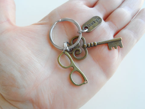 Bronze Eye Glasses Charm, Key Charm & Thank You Charm Keychain, Optician or Eye Center Staff