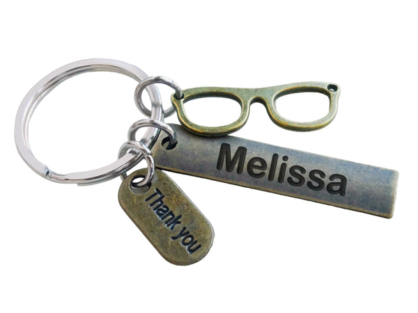 Optician or Eye Center Staff Appreciation Keychain with Custom Engraved Tag, Bronze Eye Glasses Charm & Thank You Charm