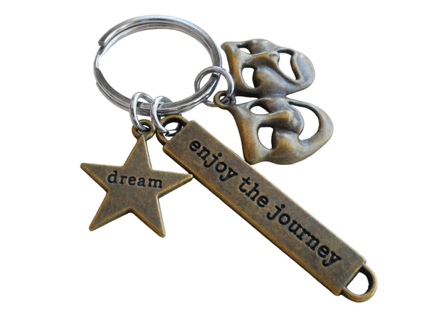 Bronze Acting Charm Keychain with Dream Star Charm, Tragedy/Comedy Mask Charm, and "Enjoy the Journey" Tag, Director, Videographer, or Actor Keychain