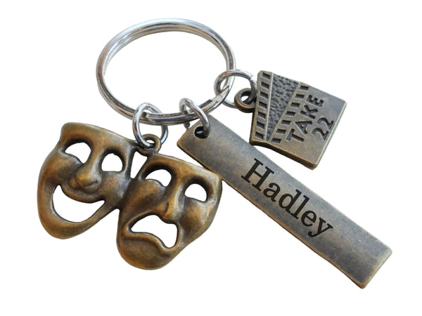 Bronze Acting Charm Keychain with Drama Mask Charm, Take 22 Clapboard Charm, and Custom Engraved Tag, Director, Videographer, or Actor Keychain