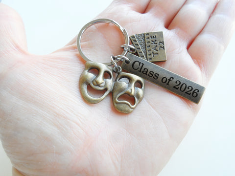 Bronze Acting Charm Keychain with Drama Mask Charm, Take 22 Clapboard Charm, and Custom Engraved Tag, Director, Videographer, or Actor Keychain