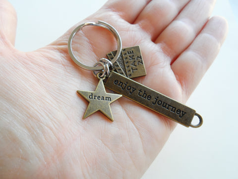 Bronze Acting Charm Keychain with Dream Star Charm, Take 22 Clapboard Charm, and "Enjoy the Journey" Tag, Director, Videographer, or Actor Keychain