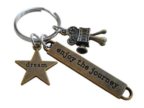 Bronze Acting Charm Keychain with Dream Star Charm, Movie Camera Charm, and "Enjoy the Journey" Tag, Director, Videographer, or Actor Keychain