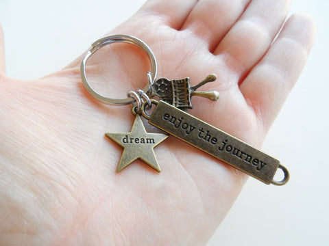 Bronze Acting Charm Keychain with Dream Star Charm, Movie Camera Charm, and "Enjoy the Journey" Tag, Director, Videographer, or Actor Keychain