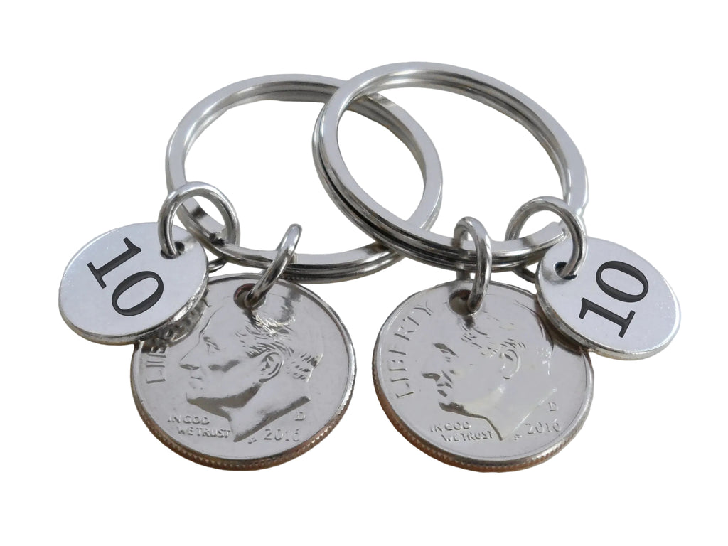 10 Year Anniversary Gift • Double Keychain Set Dime Keychains w/ Number 10 Charm by Jewelry Everyday
