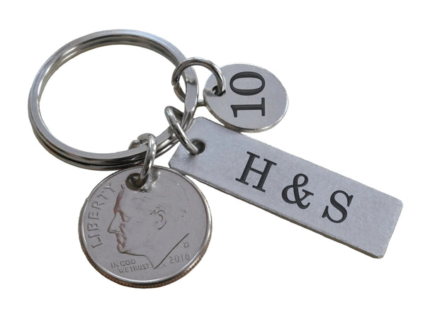 Custom Engraved Aluminum Tag Keychain with Dime & Number 10 Charm, Couples Keychain, 10 Year Anniversary Keychain