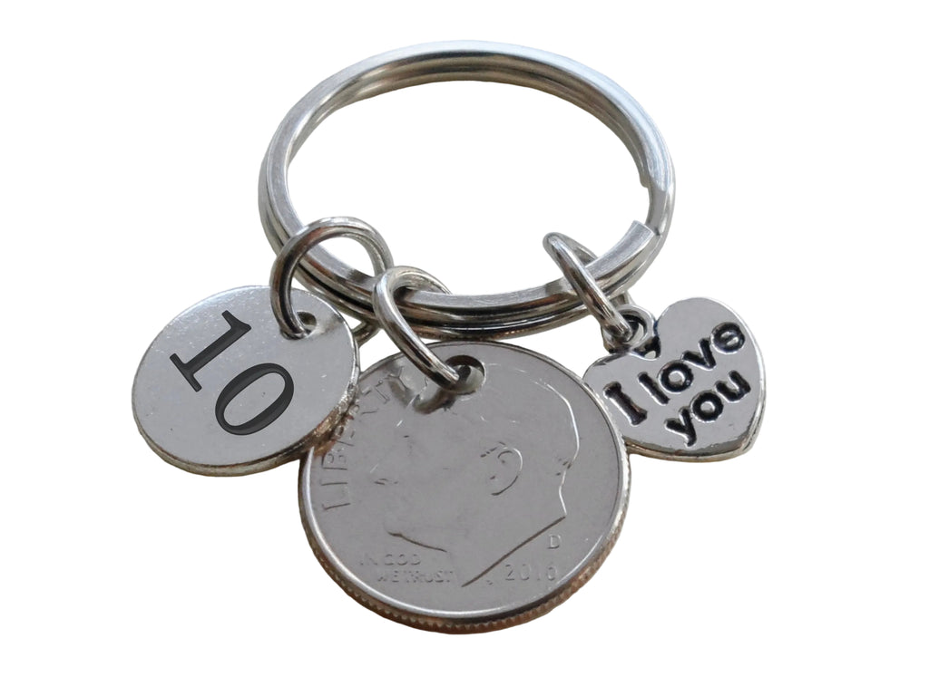 Custom Dime Keychain with I Love You Heart & Number 10 Charm, 10 Year Anniversary Gift, Husband Wife Key Chain, Boyfriend Girlfriend Gift, Customized Couples Keychain