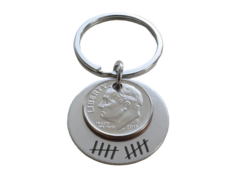 Custom Engraved Aluminum Disc Keychain With Dime, Couples 10 Year Anniversary Gift