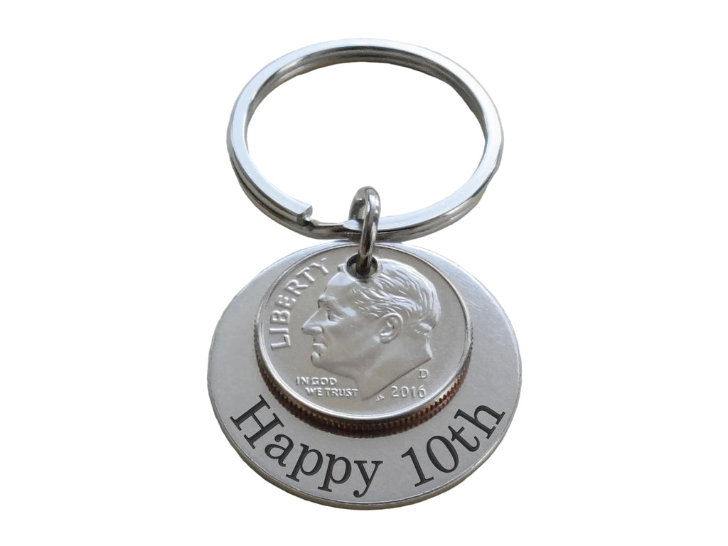 Custom Engraved Aluminum Disc Keychain With Dime, Couples 10 Year Anniversary Gift