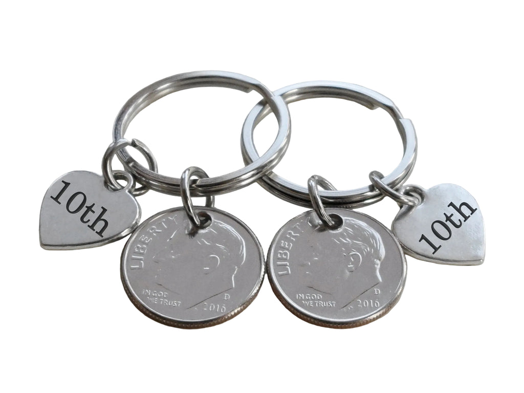 10 Year Anniversary Gift • Double Keychain Set Dime Keychains with "10th" Engraved Heart Charms by Jewelry Everyday