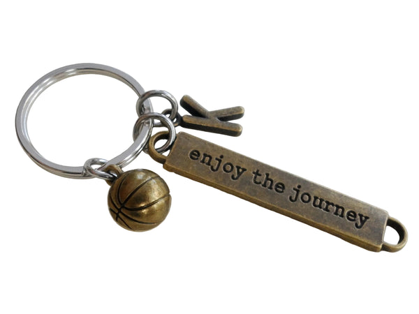 Bronze Basketball Player or Team Coach Keychain with Basketball Charm, Enjoy the Journey Charm & Initial Charm