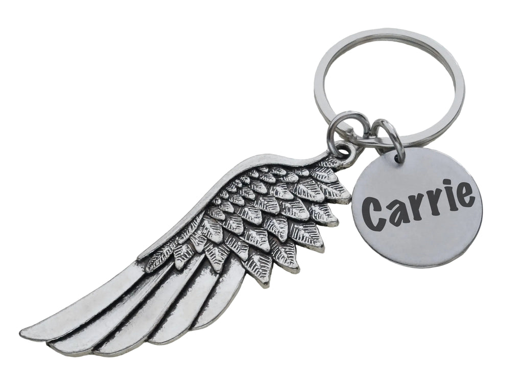 Memorial Keychain with Wing Charm and Custom Engraved Disc