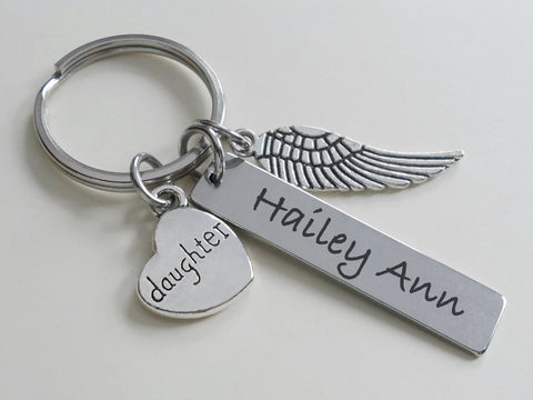 Memorial Keychain with Wing Charm, Family Relation Charm, and Custom Engraved Tag