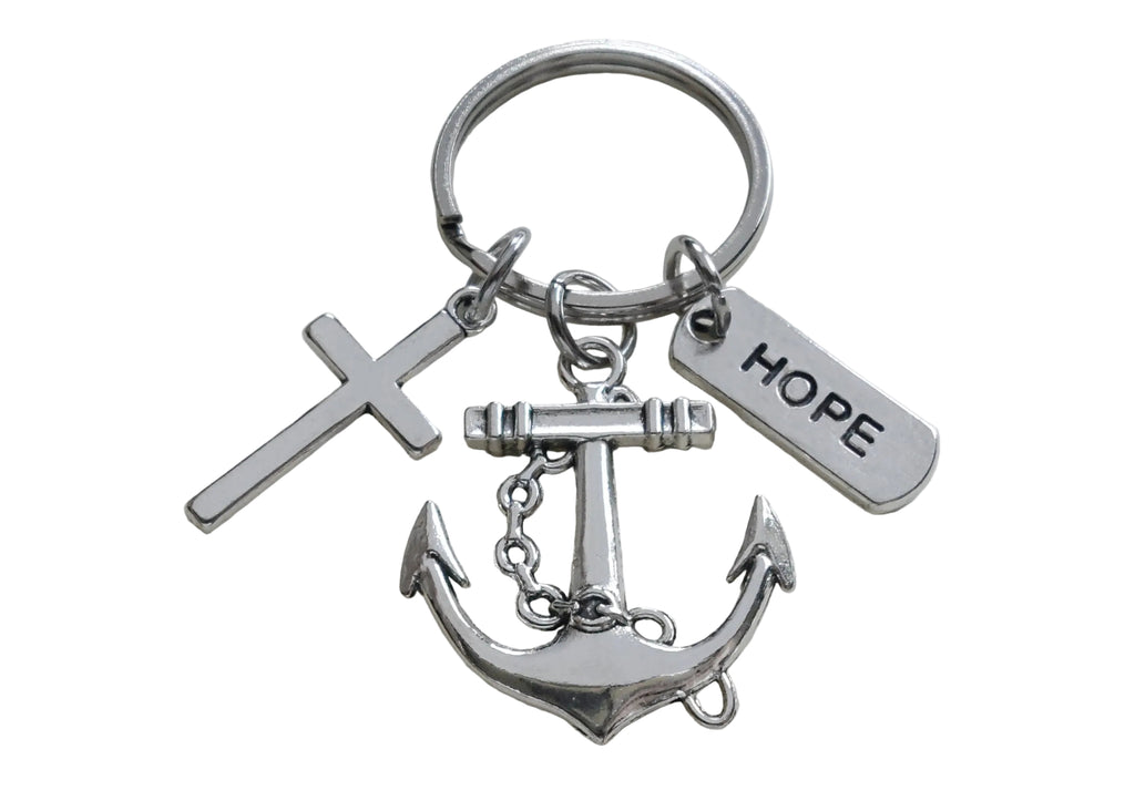 Large Anchor Charm Keychain with Cross Charm & Hope Charm, Religious Key Chain