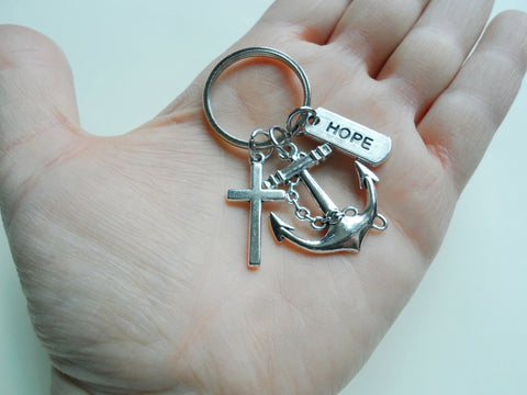 Large Anchor Charm Keychain with Cross Charm & Hope Charm, Religious Key Chain
