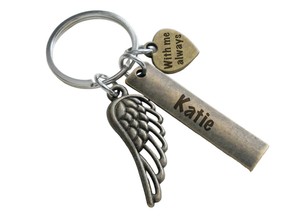 Memorial Keychain with Bronze Wing Charm and Custom Engraved Rectangle & Heart Tag