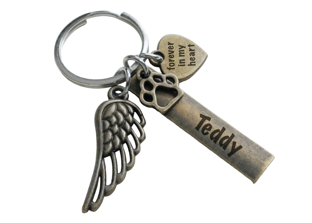 Bronze Charm Dog Memorial Keychain • Custom Engraved Rectangle & Heart Tag with Wing and Paw Charm
