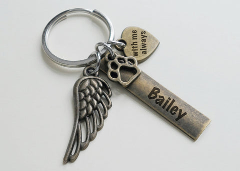 Bronze Charm Dog Memorial Keychain • Custom Engraved Rectangle & Heart Tag with Wing and Paw Charm