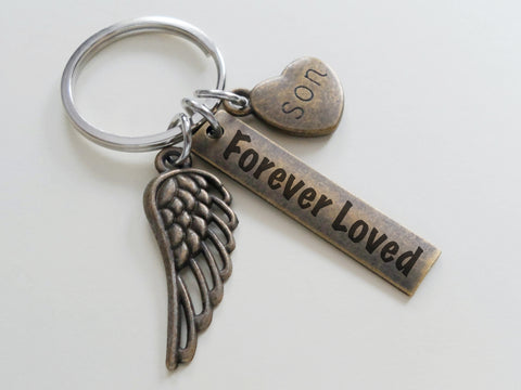 Memorial Keychain with Bronze Wing & Family Relation Charm, and Custom Engraved Rectangle Tag