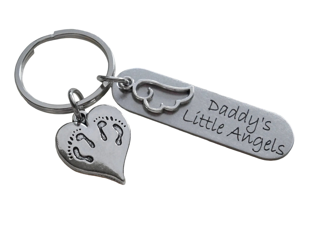 Daddy's or Mommy's Little Angels Keychain with Twins Feet Heart Charm & Wing Charm, Twin Babies Memorial Keychain
