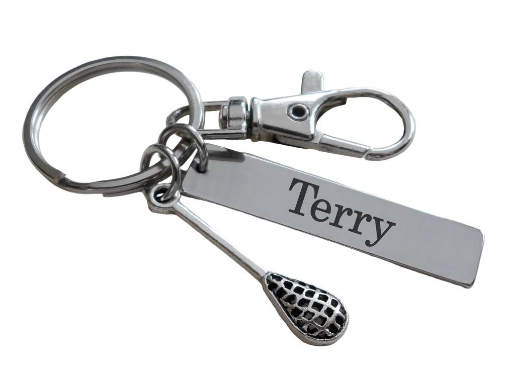 Lacrosse Stick Charm Keychain with Swivel Clasp & Custom Engraved Tag, Graduate Team Player or Coach Gift