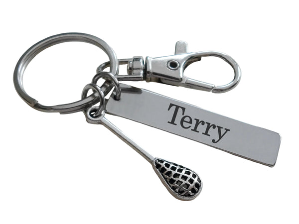 Lacrosse Stick Charm Keychain with Swivel Clasp & Custom Engraved Tag, Graduate Team Player or Coach Gift