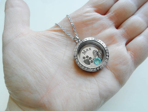 Custom Pet Memorial Stainless Steel Circle Locket Necklace for Family Pet Loss with Paw & Wing Charms and Custom Engraved Disc