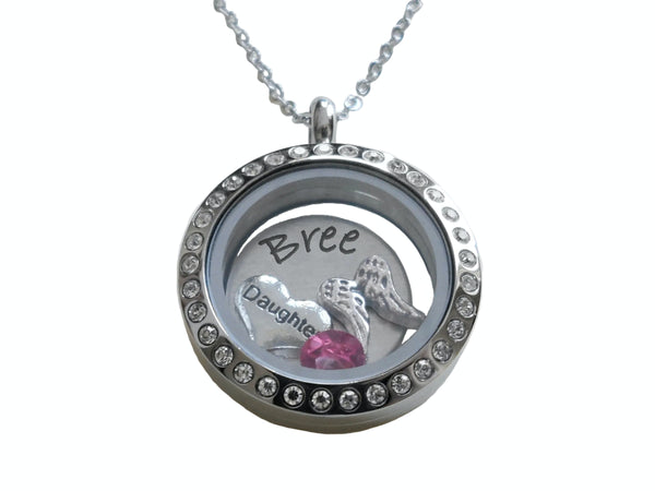 Personalized Forever in My Heart Stainless Steel Circle Locket Necklace for Baby Loss Memorial with Custom Engraved Disc (Crystal Edge Locket)- by JewelryEveryday