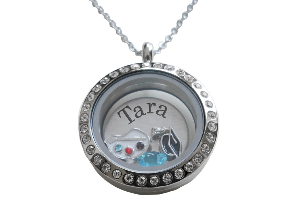 Custom Graduate Circle Floating Charm Stainless Steel  Locket Necklace with Custom Engraved Disc, Class of 2026 Gift (Crystal Edge 25mm Locket)