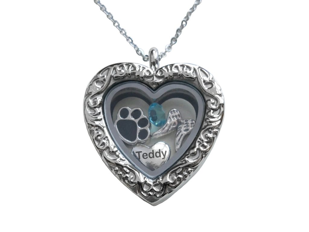 Custom Pet Memorial Stainless Steel Heart Locket Necklace for Family Pet Loss with Paw & Wing Charms and Custom Engraved Heart Charm by JewelryEveryday