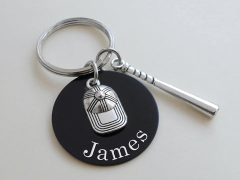 Baseball Cap & Bat Charm Keychain with Custom Engraved Black Aluminum Disc, Personalized For Softball or Baseball Player or Coach by JewelryEveryday