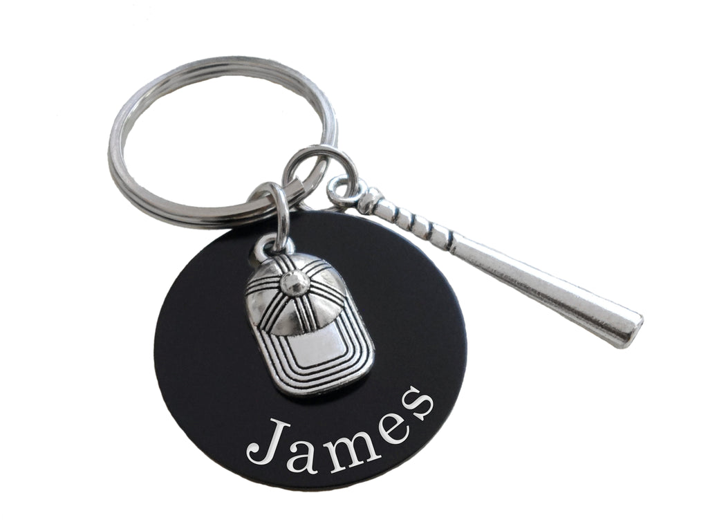 Baseball Cap & Bat Charm Keychain with Custom Engraved Black Aluminum Disc, Personalized For Softball or Baseball Player or Coach by JewelryEveryday
